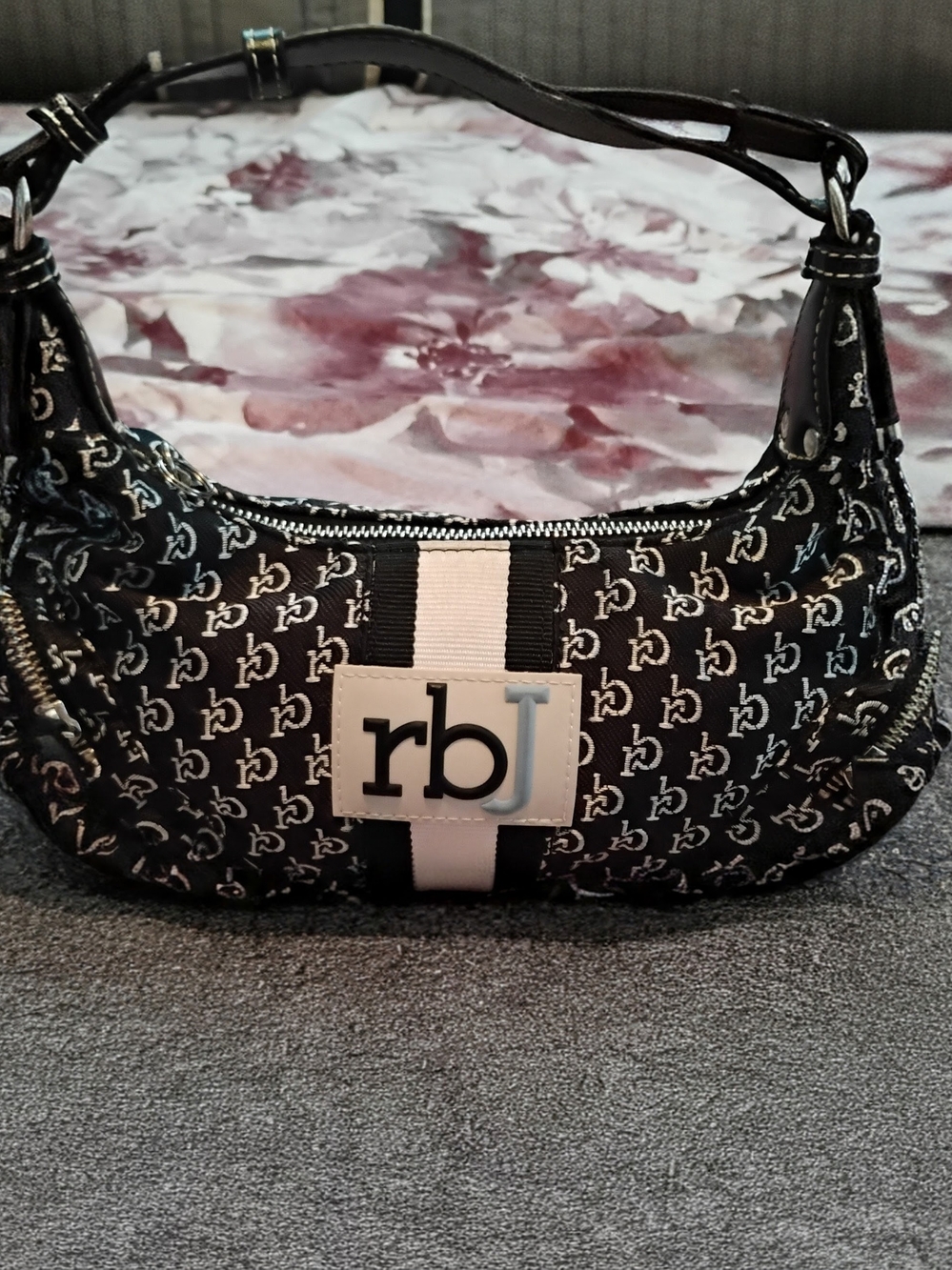 Black Rbj Brand Patterned Shoulder Bag with White Logo Print